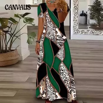 Летнее женское платье больших размеров с принтом, модные этнические платья с короткими рукавами