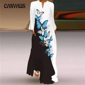 Летнее женское платье больших размеров, модное сексуальное длинное платье с принтом и v-образным вырезом, карманные платья с длинными рукавами S