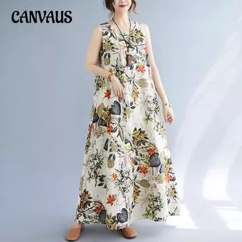 Летнее женское платье больших размеров, винтажное свободное платье из хлопка и льна с принтом, платья без рукавов с круглым вырезом M тёмно-синий