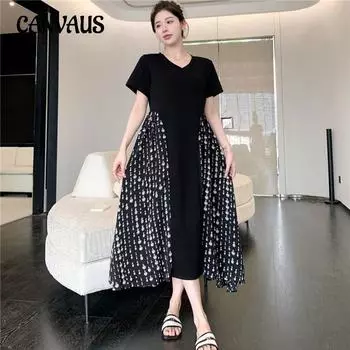 Летнее женское платье больших размеров, свободные длинные плиссированные платья с стыковым подолом L чёрный