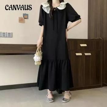 Летнее женское платье больших размеров, облегающее тело, кружевное, кукольное, с узким плечом, длинными рукавами с пузырьками, длинные платья L чёрный