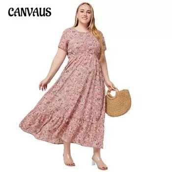 Летнее женское платье больших размеров с круглым вырезом и короткими рукавами с карманами и принтом платья 1XL розовый