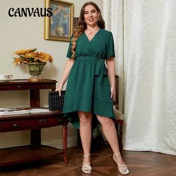 Летнее женское платье больших размеров с высокой талией, зеленые платья с v-образным вырезом и поясом на талии XL зелёный