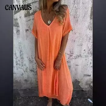 Летнее женское платье больших размеров, повседневное летнее свободное платье с коротким рукавом и v-образным вырезом, однотонные хлопковые льняные платья