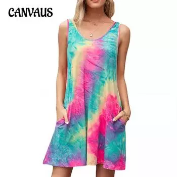 Летнее женское платье больших размеров без рукавов с круглым вырезом и карманом, жилет с принтом Tie Dye, платья-бретельки S зелёный