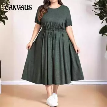 Летнее женское платье больших размеров, простые повседневные свободные платья с круглым вырезом и завязками на талии L зелёный