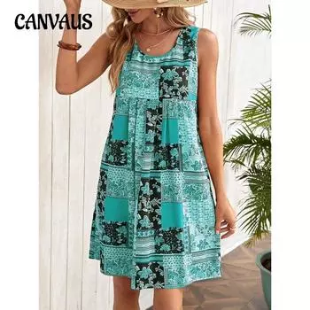 Летнее женское платье больших размеров без рукавов, жилет, модные платья с принтом