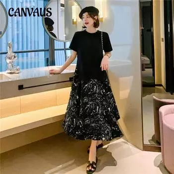 Летнее женское платье больших размеров, свободные модные платья с большим подолом L чёрный