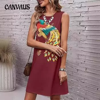 Летнее женское платье больших размеров с принтом, без рукавов, с круглым вырезом, миди-платья S красный