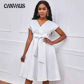 Летнее женское платье больших размеров с v-образным вырезом, однотонное платье с талией и галстуком-бабочкой S белый