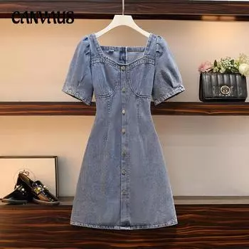 Летнее женское платье больших размеров, модное джинсовое платье с квадратным вырезом и короткими рукавами M
