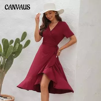 Летнее женское платье больших размеров с v-образным вырезом и высокой талией, однотонное платье с длинными рукавами и короткими рукавами, платья для путешествий и отдыха S