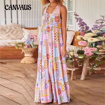 Летнее женское платье больших размеров с принтом и коротким рукавом, длинные платья с круглым вырезом S розовый