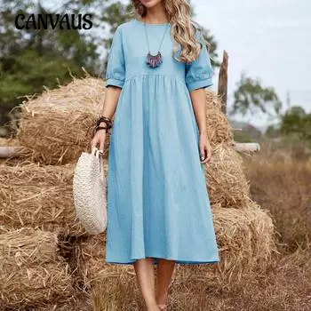 Летнее женское платье больших размеров, однотонное платье миди со свободной талией, хлопково-льняные платья с круглым вырезом S светло-серый