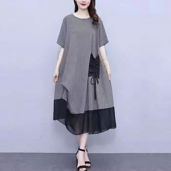 Летнее женское платье больших размеров в сетку в стиле пэчворк с круглым вырезом и коротким рукавом, соответствующая цвету нашивка L зелёный