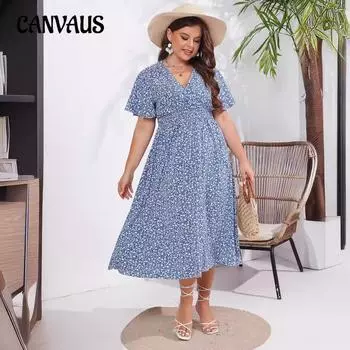 Летнее женское платье больших размеров с V-образным вырезом, элегантное, с цветочным принтом, с коротким рукавом XL синий