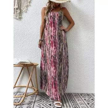 Летнее женское платье больших размеров без рукавов с модными принтами и бретельками на шее 2XL синий