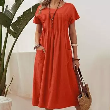 Летнее женское платье больших размеров, длинные однотонные хлопковые льняные платья с круглым вырезом и карманами, плиссированные с короткими рукавами S темно-синий