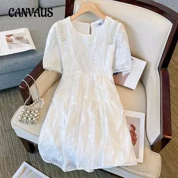 Летнее женское платье больших размеров с рукавами-фонариками и высокой талией XL синий/зелёный