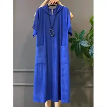 Летнее женское платье больших размеров, повседневное, однотонное, с капюшоном и карманами 6XL синий
