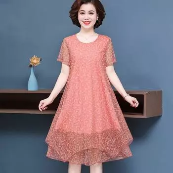 Летнее женское платье больших размеров, эластичное сетчатое дышащее платье с короткими рукавами и принтом, длинное платье А-силуэта с цветочным принтом L