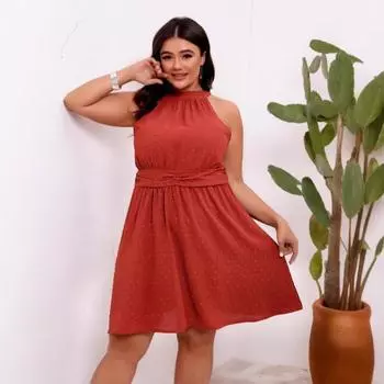 Летнее женское платье больших размеров с полувысоким воротом и халтер-талией из жаккарда, однотонное 0XL оранжево-красный