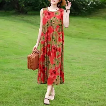Летнее женское платье больших размеров в стиле бохо с длинным макси-сарафаном вечернее платье элегантное Vestidos с принтом О-образный вырез с высокой талией без рукавов XXXXXL