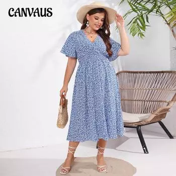 Летнее женское платье большого размера с v-образным вырезом и тонким принтом, элегантное простое платье с короткими рукавами