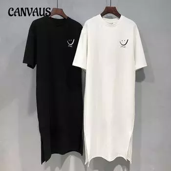 Летнее женское платье большого размера с коротким рукавом, свободное платье-футболка средней длины с разрезом M белый