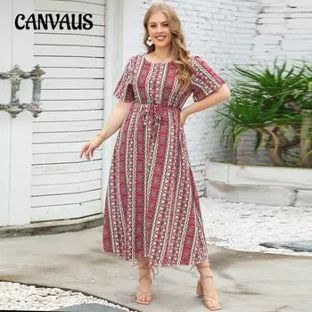 Летнее женское платье большого размера в этническом стиле с полосатым принтом и круглым вырезом, с короткими рукавами XL