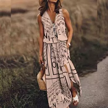 Летнее женское платье, длинное платье без рукавов, повседневное женское платье на молнии с буквенным принтом на талии 2XL бежевый