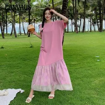 Летнее женское платье Длинные платья больших размеров с нерегулярным принтом тай-дай и короткими рукавами L розовый