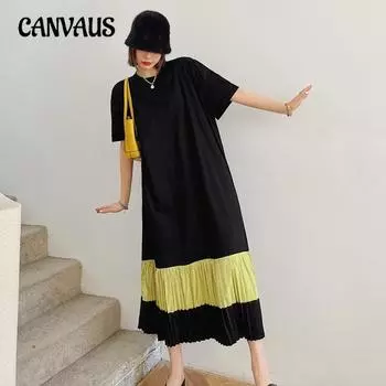 Летнее женское платье Длинные повседневные платья больших размеров с цветными блоками и плиссировкой с коротким рукавом