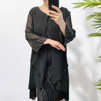 Летнее женское платье, двухслойное платье с круглым вырезом, нерегулярная сетка, лоскутное платье-футляр с длинными рукавами, платье миди для мамы больших размеров, платье для выпускного вечера M королевский синий