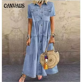 Летнее женское платье Джинсовое платье Длинное старое платье на нескольких пуговицах