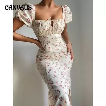 Летнее женское платье, французское винтажное платье с цветочным принтом, тонкие платья с длинными рукавами и разрезом S абрикосовый