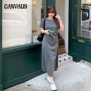 Летнее женское платье-футболка большого размера, плиссированное платье с талией, платье трапециевидной формы с разрезом XL серый