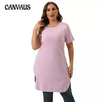 Летнее женское платье-футболка размера плюс, сплошной цвет, простая футболка средней длины с разрезом, топ с короткими рукавами 0XL чёрный