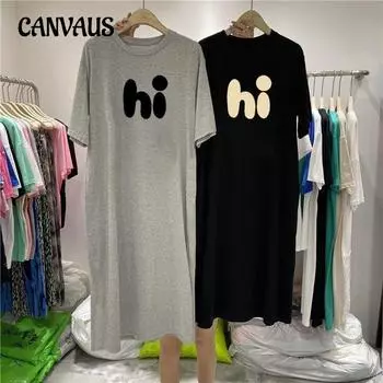 Летнее женское платье-футболка с принтом в виде букв, длиной до колена, свободного размера плюс, с коротким рукавом M чёрный