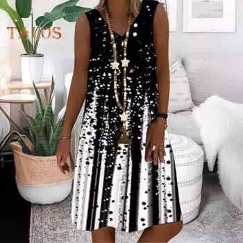 Летнее женское платье градиентного цвета без рукавов с V-образным вырезом и принтом трапециевидной формы, свободное в богемном стиле, пляжный сарафан для повседневного отдыха, платье миди длиной до колена S жёлтый