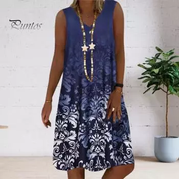 Летнее женское платье градиентного цвета без рукавов с V-образным вырезом и принтом трапециевидной формы, свободное в богемном стиле, пляжный сарафан для повседневного отдыха, платье миди длиной до колена S жёлтый