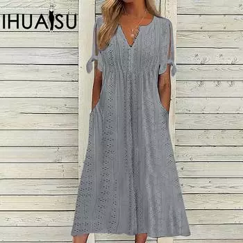 Летнее женское платье IHUASU с ажурными кружевными оборками и V-образным вырезом