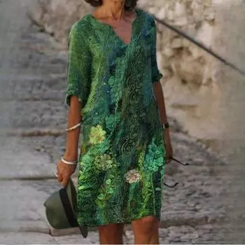 Летнее женское платье из бамбукового волокна с цветочным принтом, рукавами 1/2, с V-образным вырезом и рукавами Five Points, с принтом и свободным льном S