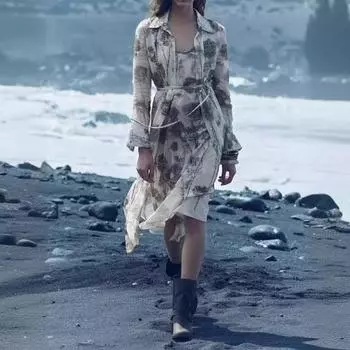 Летнее женское платье из двух частей с принтом и поясом, новинка 2024, повседневное платье-рубашка со средним отложным воротником