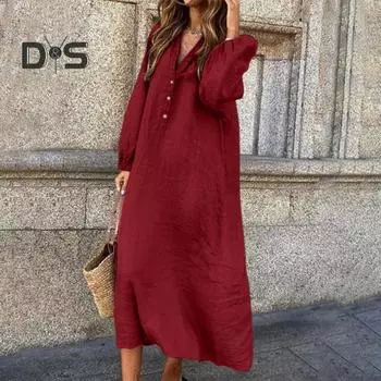Летнее женское платье из хлопка и льна с V-образным вырезом, элегантное и дышащее, с длинным рукавом, украшенное пуговицами 3XL хаки
