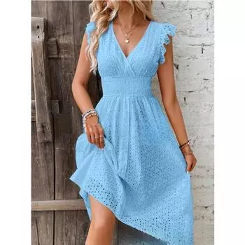 Летнее женское платье из кружевного жаккарда с вырезом, облегающее, с V-образным вырезом, эластичная талия, платья средней длины для отдыха на каждый день XS белый