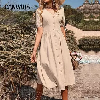 Летнее женское платье Элегантное платье средней длины Однотонные платья с короткими рукавами и v-образным вырезом