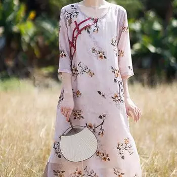 Летнее женское платье Johnature с коротким рукавом и принтом в китайском стиле, контрастное платье с круглым вырезом в винтажном стиле, свободное льняное повседневное платье
