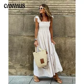 Летнее женское платье, клетчатое платье на подтяжках, повседневное свободное платье без рукавов, длинное платье S небесно-голубой