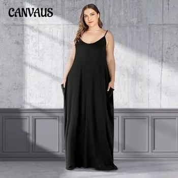 Летнее женское платье-комбинация большого размера, однотонное, свободное, модное длинное платье с двойным карманом L чёрный